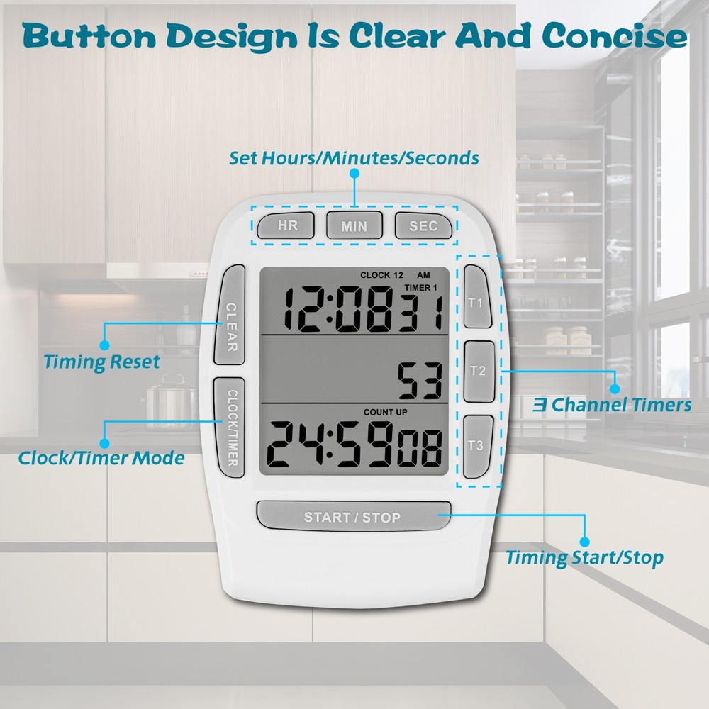 Digital Timer with Large LCD 3 Channel,Kitchen Timer,Count Down Up
