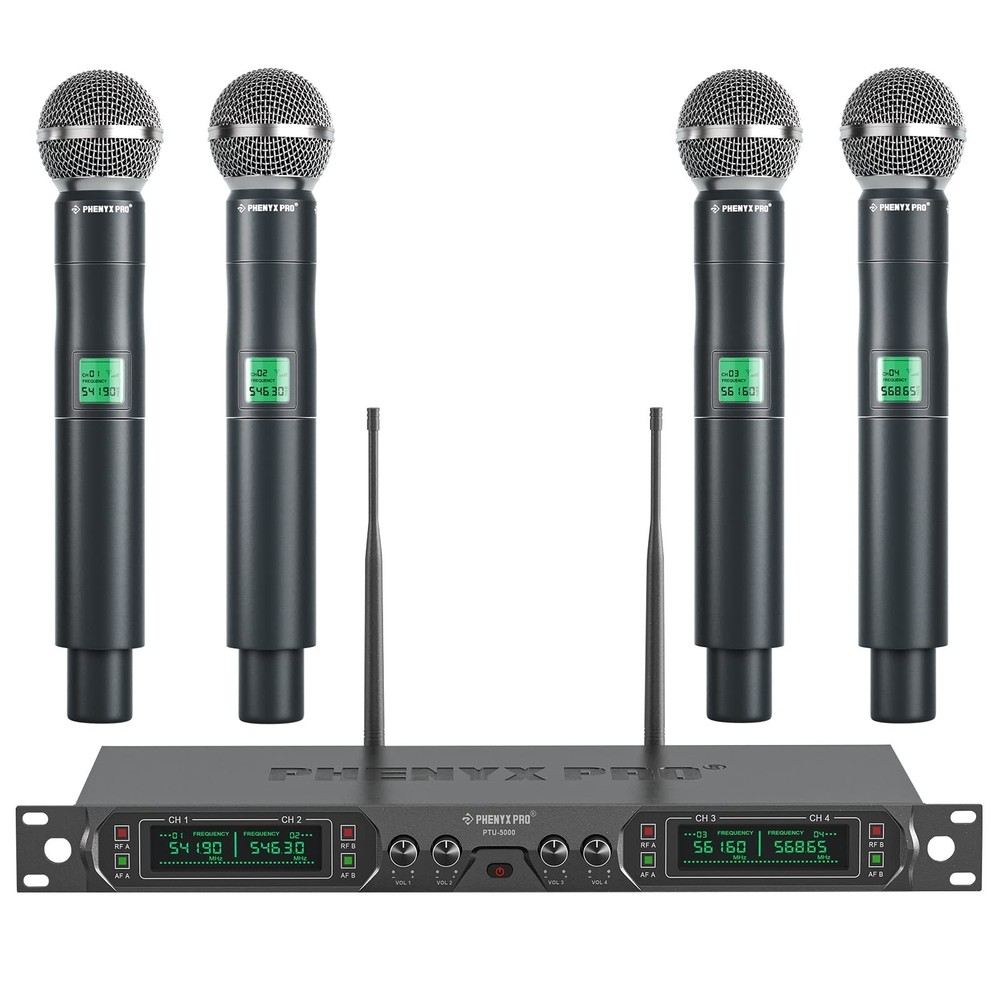 Phenyx Pro Wireless Microphone System, 4-Channel UHF Wireless Mic, Fixed Freq...