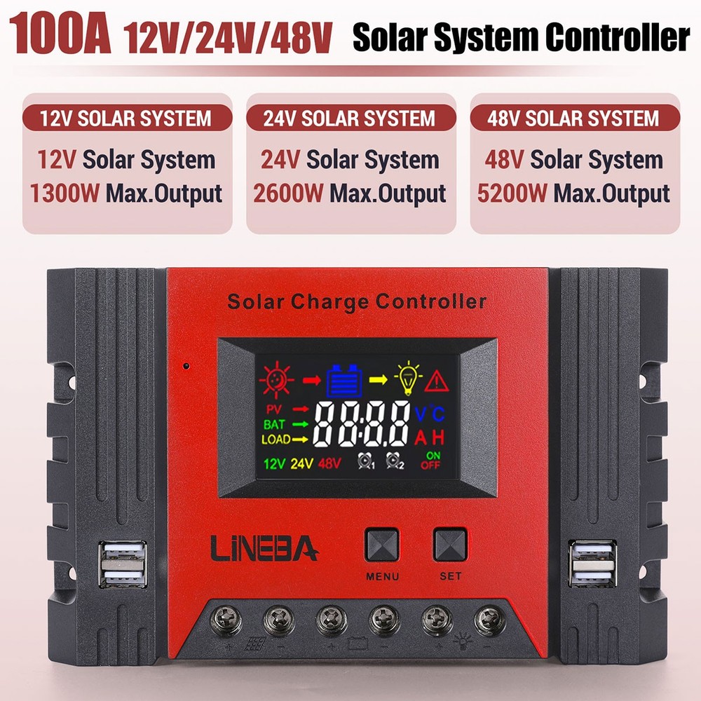 30-100A PWM Solar Panel Regulator Charge Controller 12V/24/48V Auto Focus 4 USB