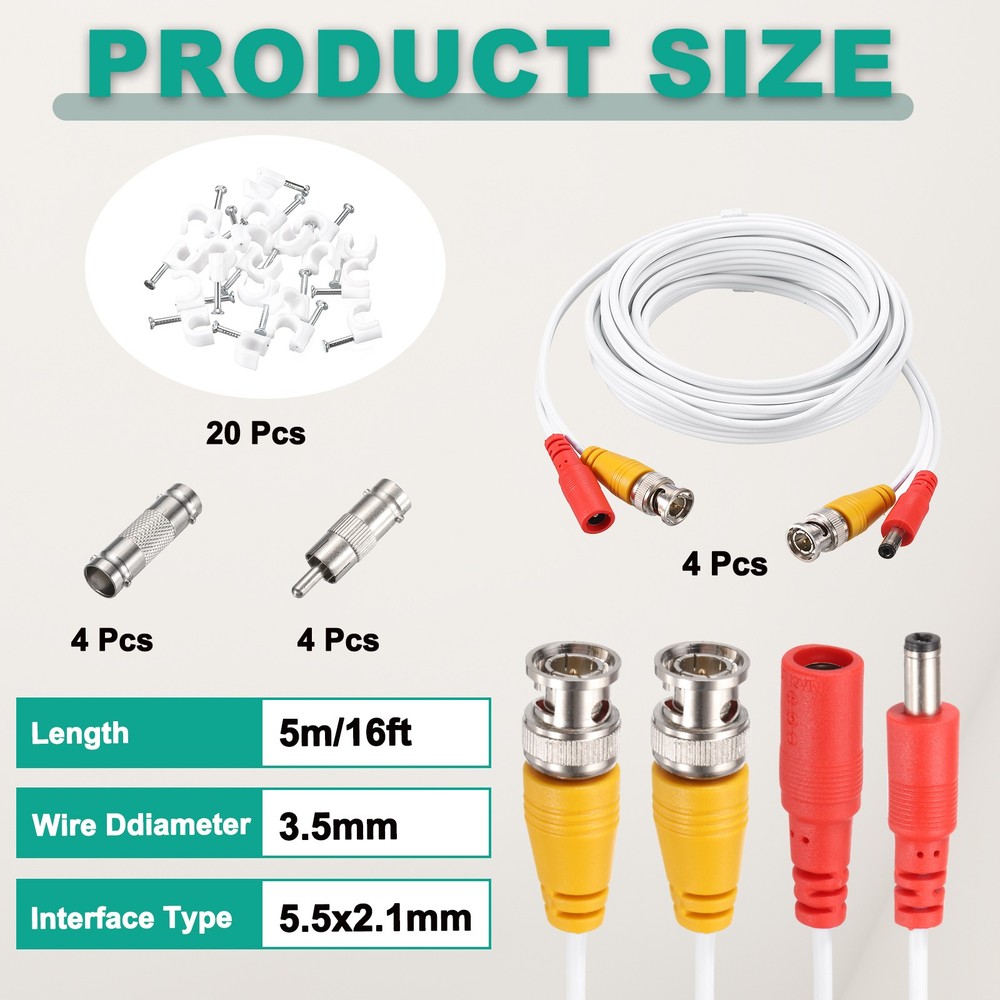 4 Set BNC Video Power Cable 5m/16ft All-in-One Security Camera Wire White