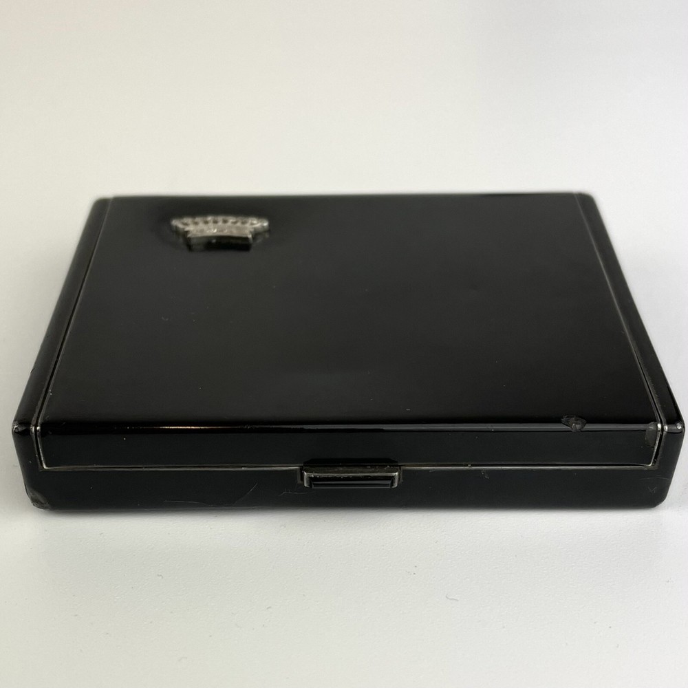 Antique French Solid Silver Black Enamel Compact Diamond Set Crown Motif 7.5cm