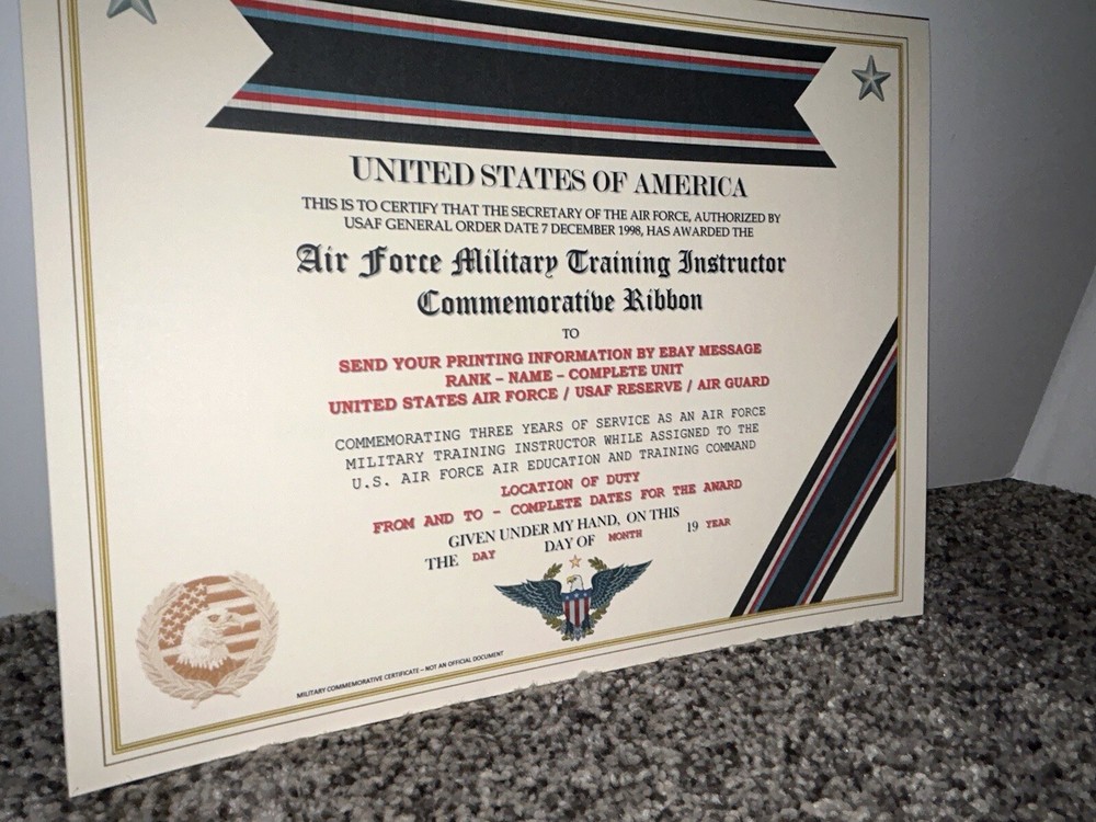 U.S. AIR FORCE TRAINING INSTRUCTOR COMMEMORATIVE CERTIFICATE ~ W/PRINTING TYPE-1