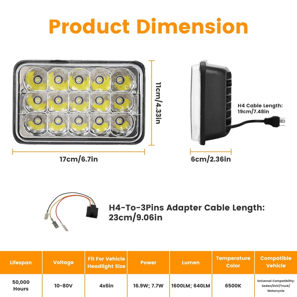 2Pcs 4x6in Car LED Headlights Vehicle Rectangular Headlamp With H4 Socket H4-