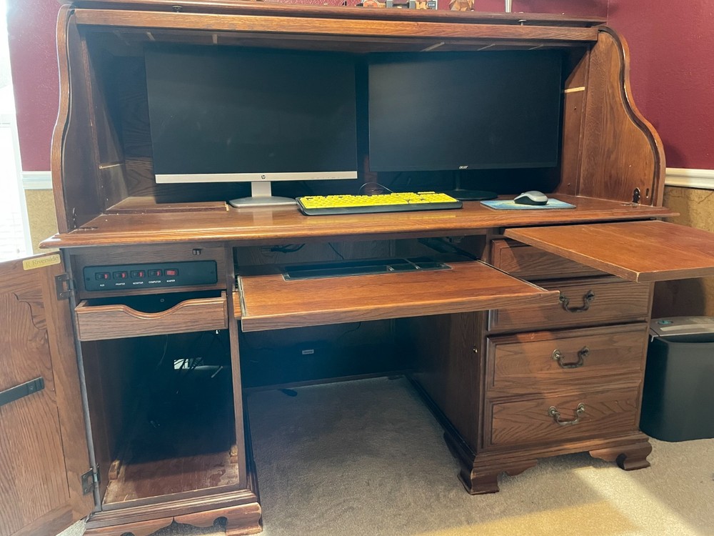 Riverside Oak Roll Top Desk with computer compartment.