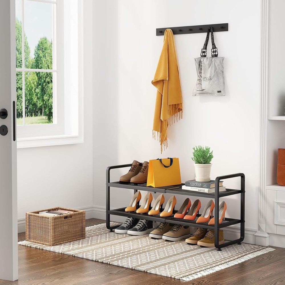 Adjustable 2 Tier Metal Shoe Shelf Black