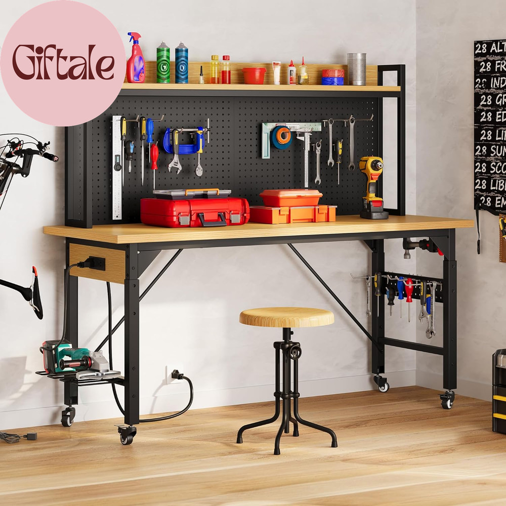 60" Adjustable Workbench with Pegboard, Heavy Duty Wood Top Work Bench with Whee