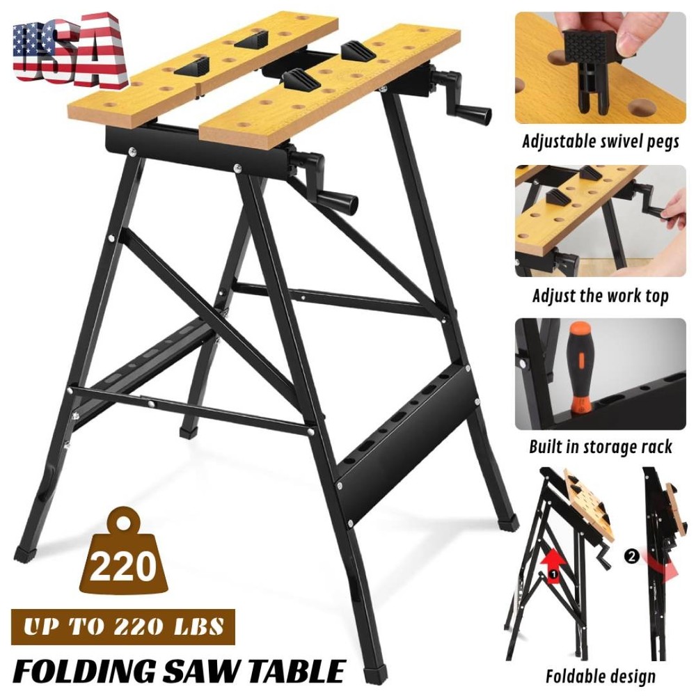 Folding Sawhorse Worktable 4 Bench Dogs Adjustable for Woodworking Projects