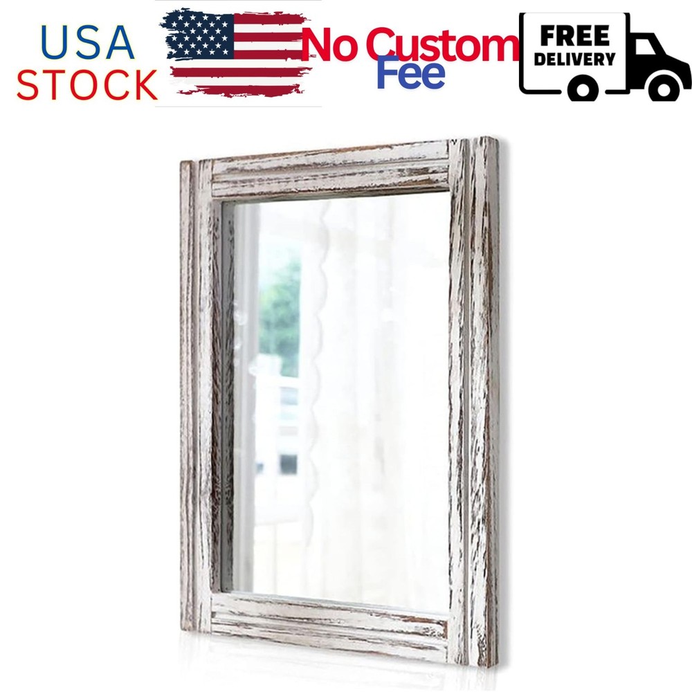 Rustic Mirror Wood Framed Wall Mirror 20"x16" Rectangle Decorative Bedroom Ba...