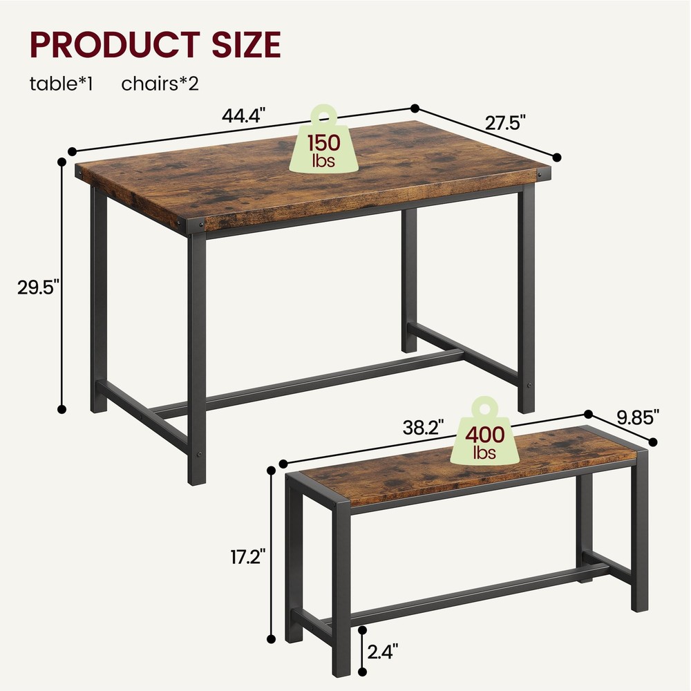 3 Piece Dining Table Set for 4 ,Rectangular Kitchen Table and 2 Benches Dinette