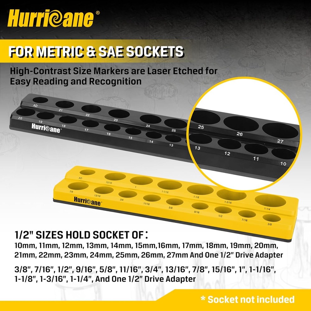 Magnetic Socket Organizer Set 2 Piece Socket Holder Set Includes 1/2" Drive Metr