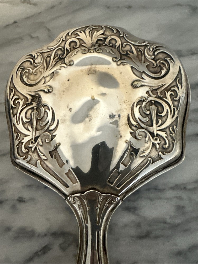 Vintage Handheld Beveled Glass Mirror Marked German Silver Victorian Scroll