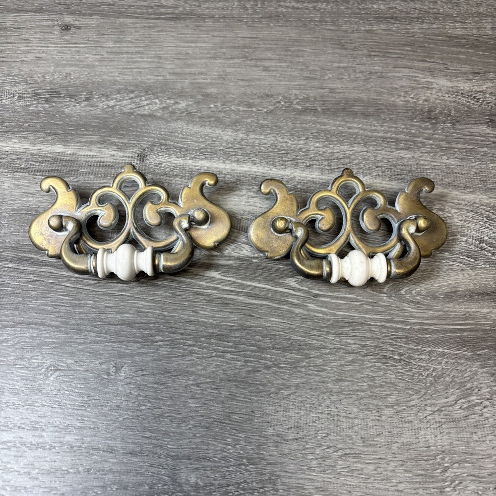 Vintage Brass Dresser Drawer Pull Pair 4.5” MCM Decor White Handle