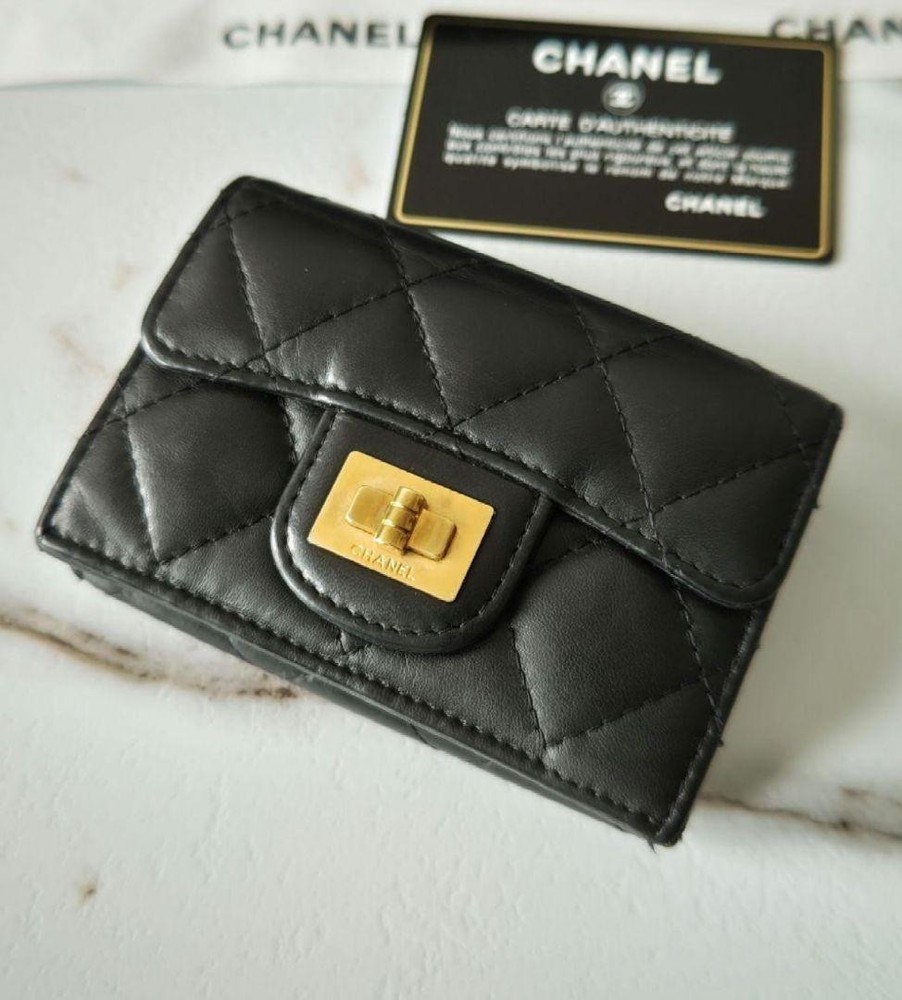 CHANEL Compact Matelassé Tri-Fold Wallet Black Gold