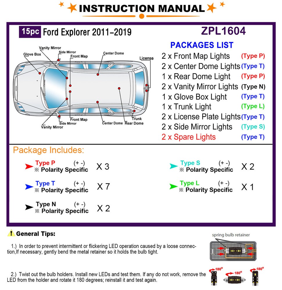 LED Light Bulbs Interior Light Kit for Ford Explorer 2011-2019 White Dome Light