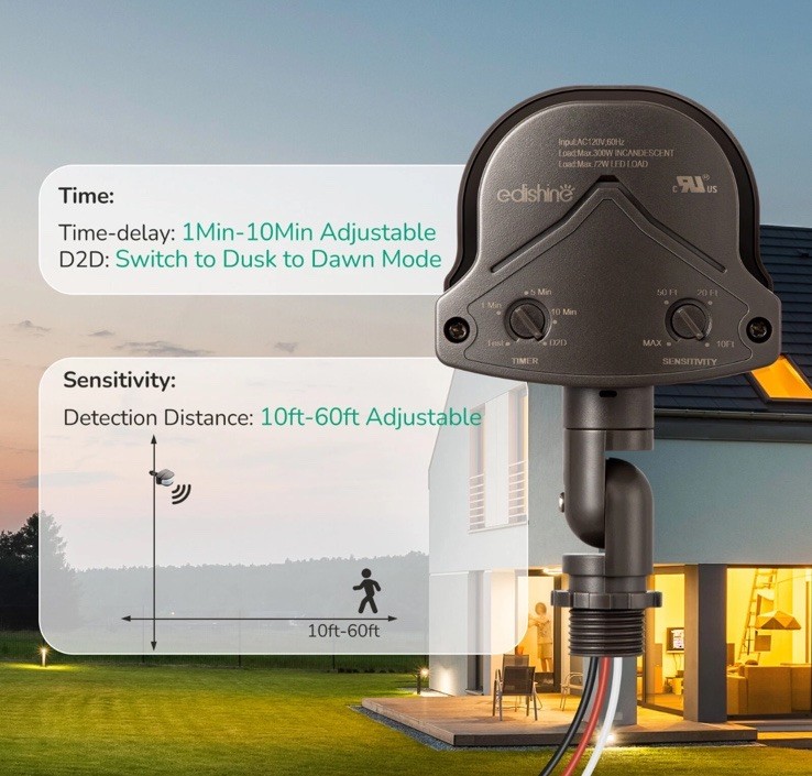 EDISHINE Motion Sensor, Automatic Dusk to Dawn, Motion PIR Sensor,240 Degree