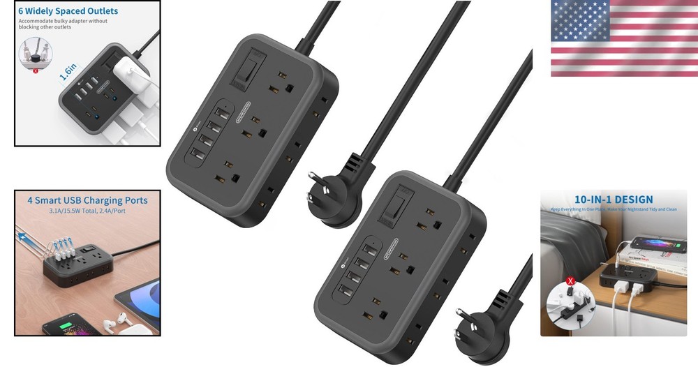 Black Power Strip 10 Outlets 6 AC 4 USB Smart Charging 5ft Flat Plug