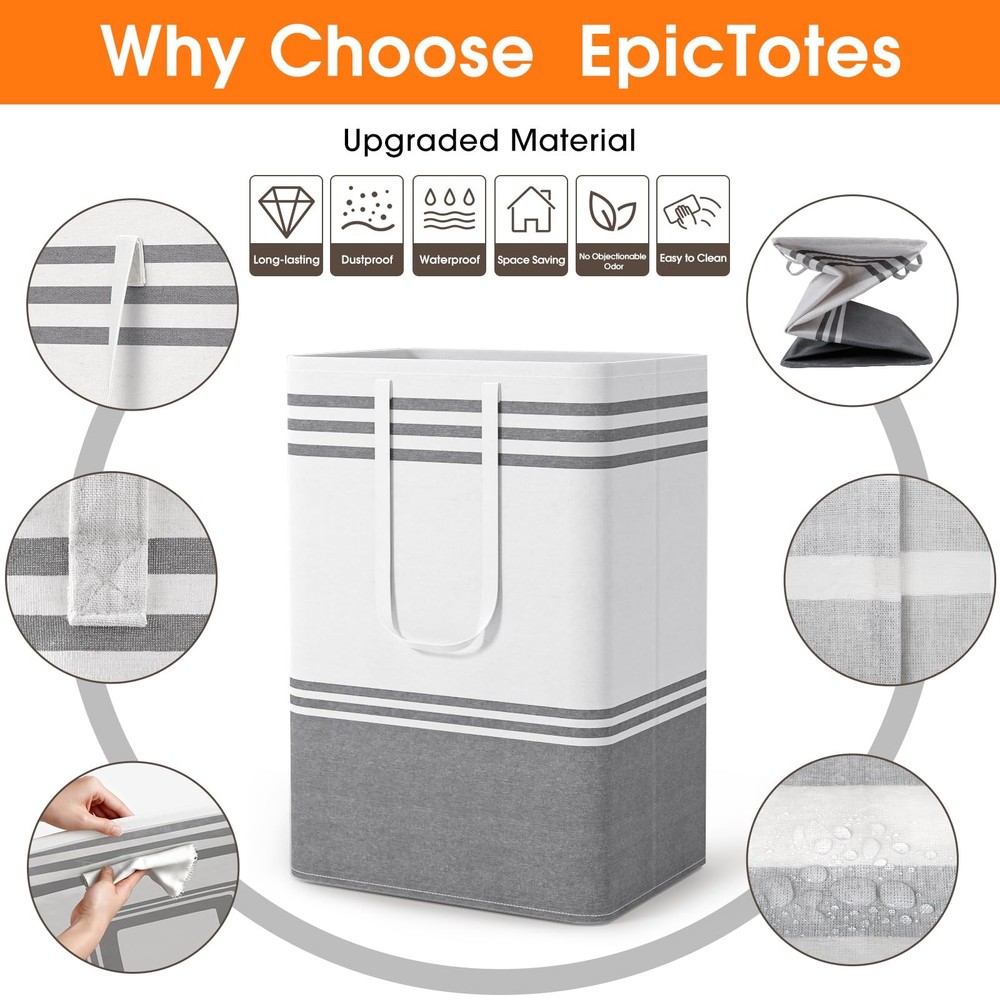 2 Pack Large Laundry Baskets Freestanding Waterproof Collapsible Grey 75L