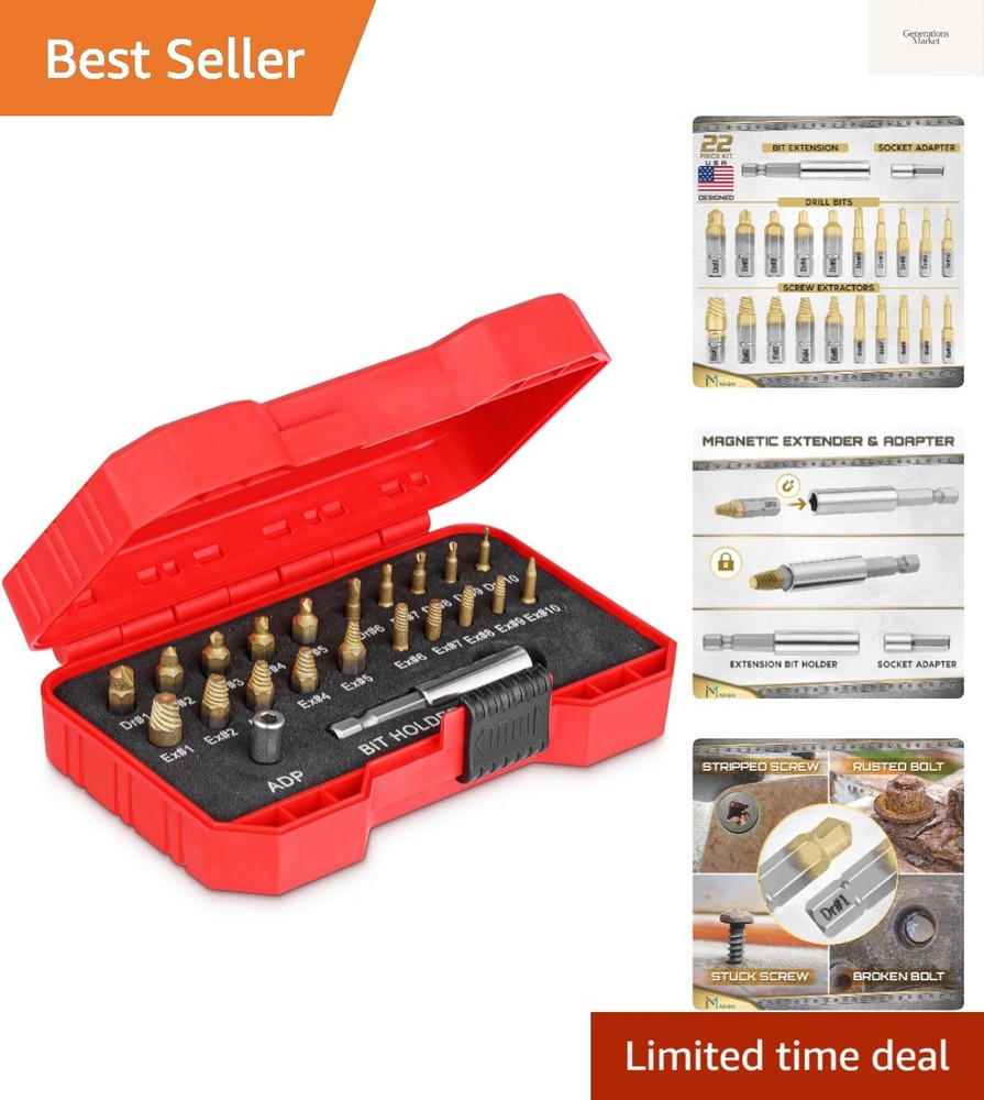 Titanium Screw Extractor Set for Stripped, Broken, Damaged Screws - 22 pc, Si...