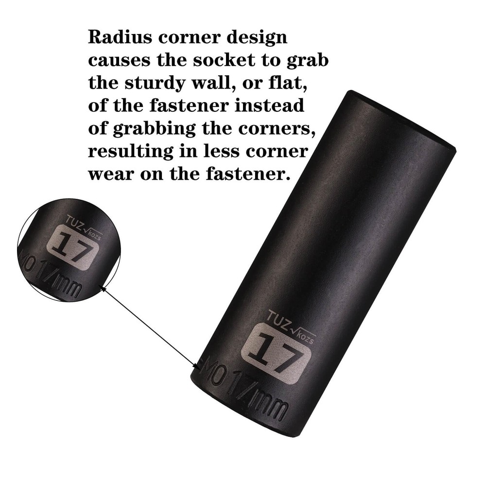 3/8" Square Drive 17mm Metric Impact Socket,Hex Deep Socket Design,CR-MO Stee...