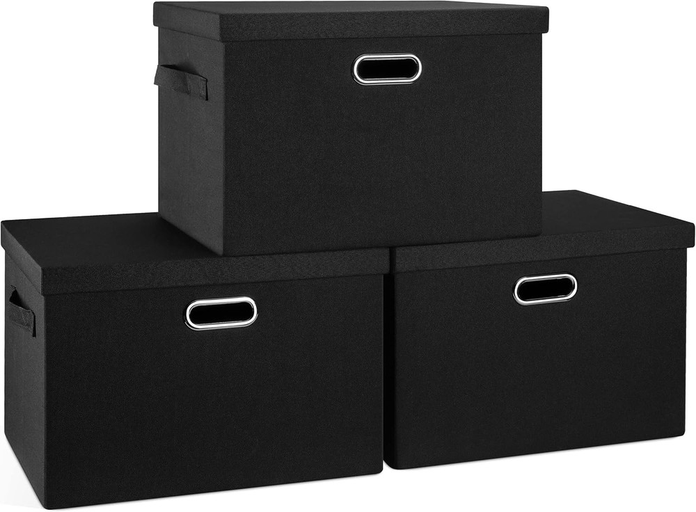 3-Piece Black Linen Fabric Closet Organizer with Lid