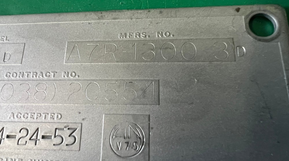 WRIGHT CYCLONE R-1300 ENGINE DATA PLATE – T-28 TROJAN