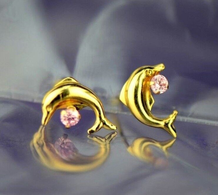 14k yellow gold dolphin earrings stud cz