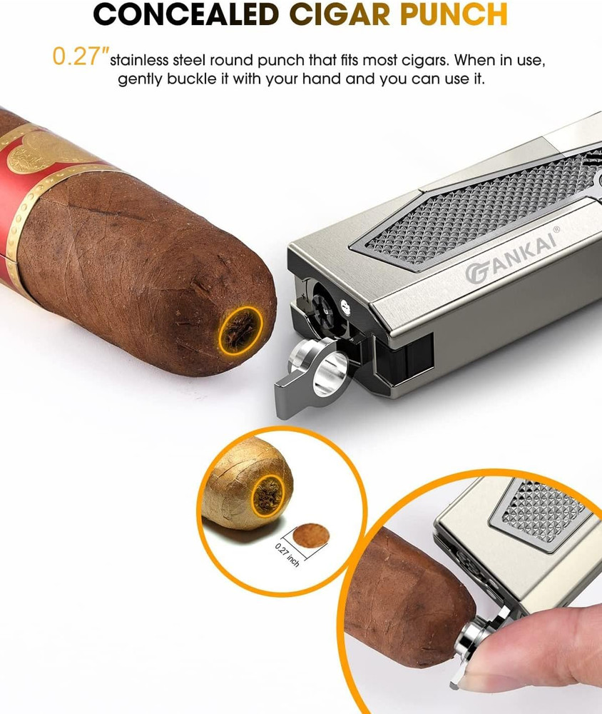 Cigar Lighter 4-Torch Jet Flame - Cigar Punch, Holder, Draw Enhancer, Windproof