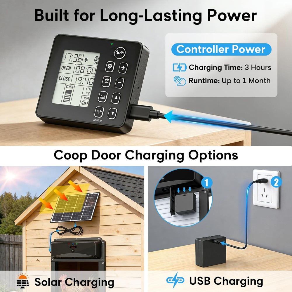 Automatic Chicken Coop Door with Remote Display, Solar Powered Roll-up Chicke...