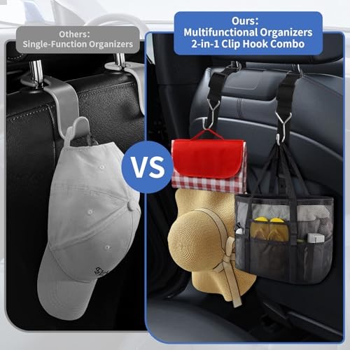 Headrest Hooks for Car, 2-in-1 Backseat Organizer with Bag Hook & Hat 2 Pack