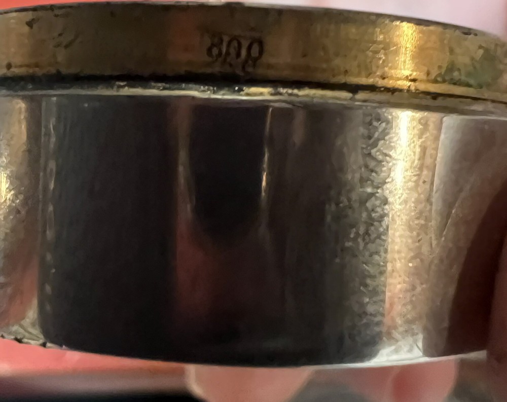 Antique 800 Silver Engine Turned & Stripe Enamel Pill Box Cat Punch Mark