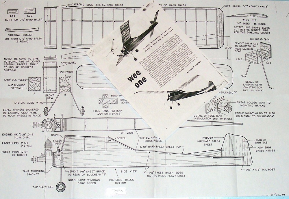 Air Trails WEE ONE PLAN + CONSTRUCTION ARTICLE for 32" 1/2A FF Model Airplane