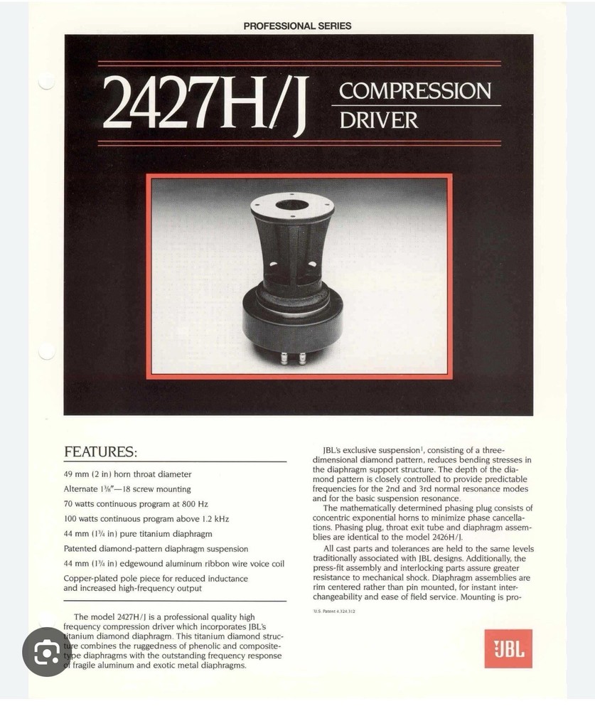 JBL 2427H High Frequency Compression Driver - 8 Ohm Tested Working See Photos