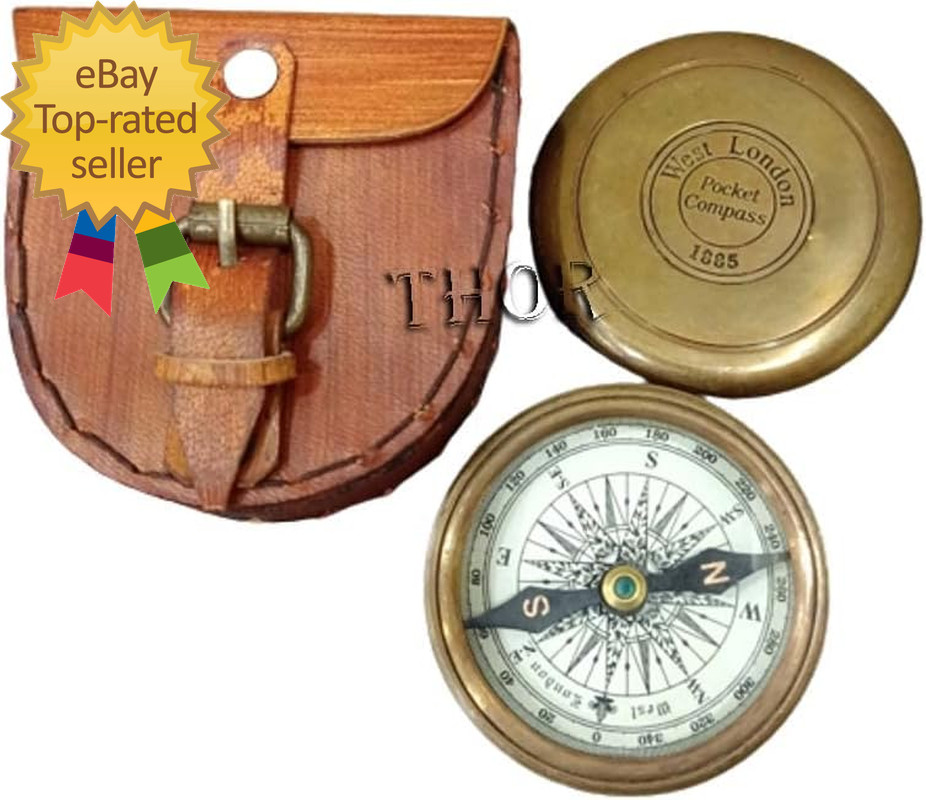 Authentic Vintage Style Brass Pocket Compass with Leather Case Rustic Vintage