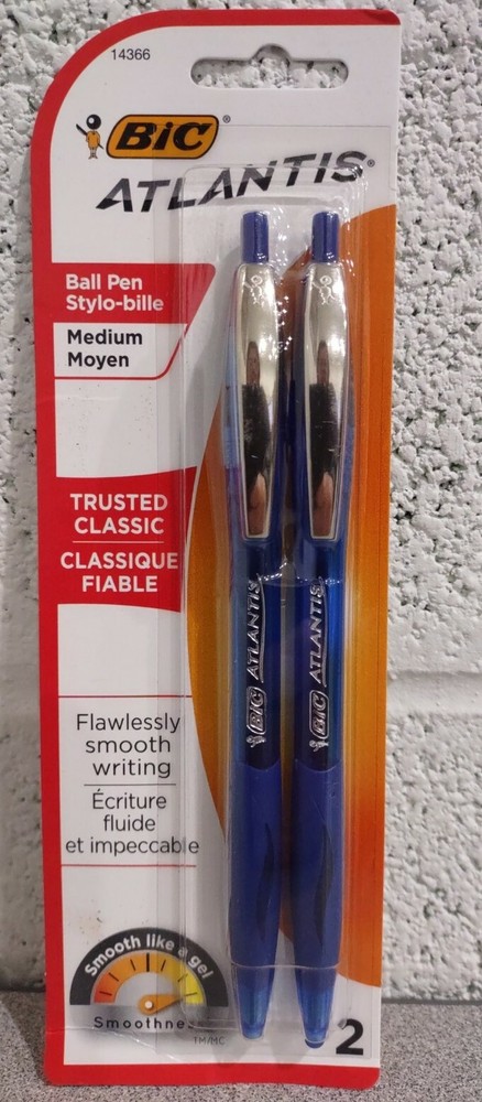 Bic Atlantis Original Retractable Ball Pen, Medium Point, Blue 2 Pk - New