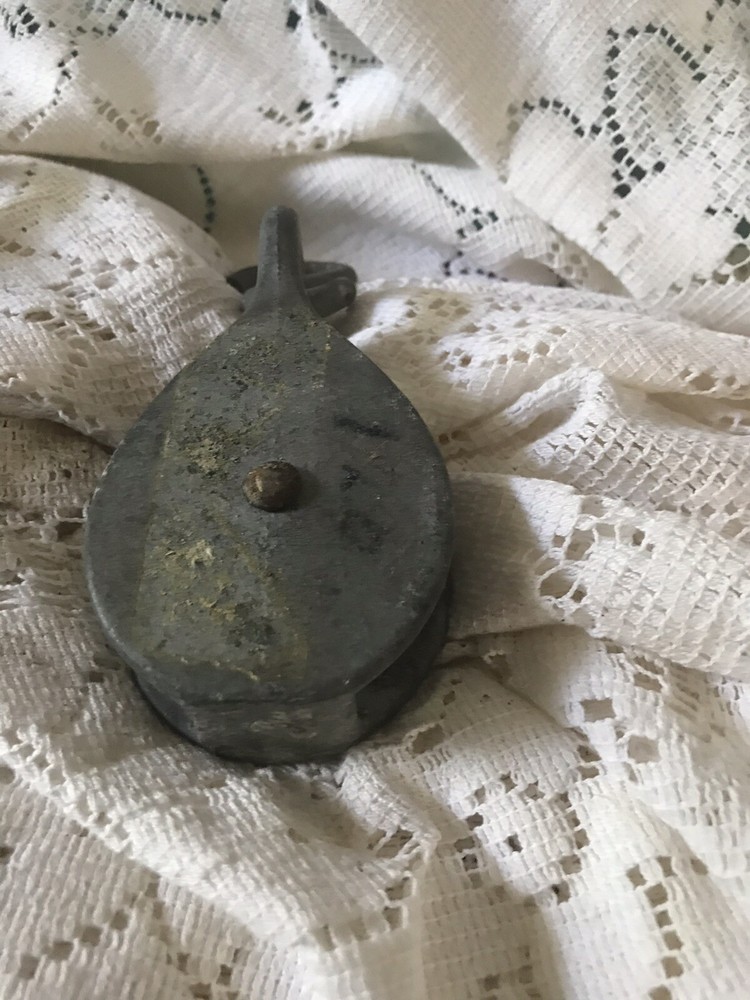 Vintage Metal Pulley Fixed Eye 4.5”Tall w hook Marked II