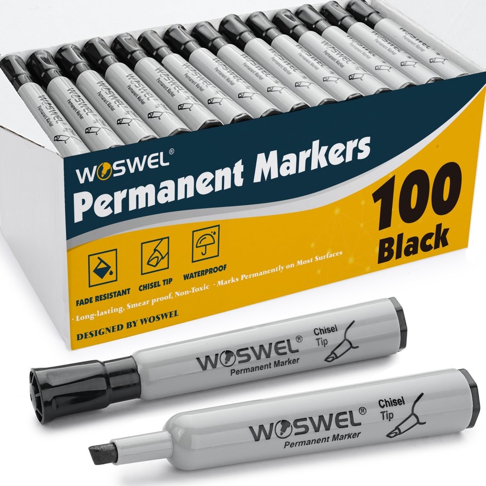 100 Pack Jumbo Thick Permanent Markers, Chisel Tip, Black, Wide Tip for Plastic,