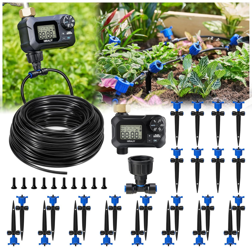 100FT Pressure Compensated Drip Irrigation System with Timer, No-Leak Quick Conn