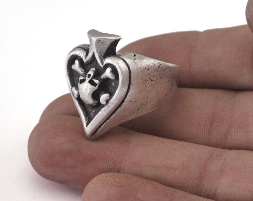 Skull Spades Ring Adjustable Ring Antique Silver Plated Brass 10.5US size 2875