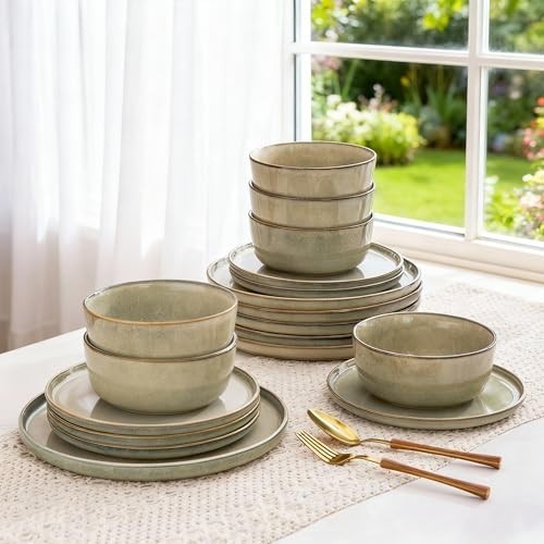 Stoneware Dinnerware Set for 4 - Round Reactive Glaze Plates & Bowls, 12pc, Micr
