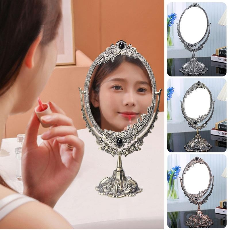 Retro Oval Metal Makeup Mirror, Desktop Vanity Mirror For Dressing Table, Silver