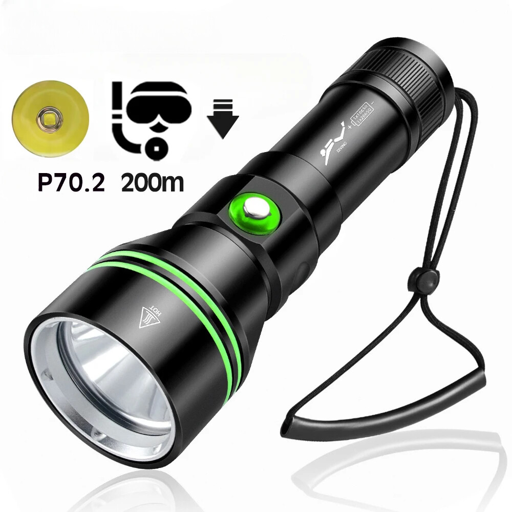 Scuba Diving Flashlight P70.2 Dive Torch Dive Lamp Lantern with 26650 Battery