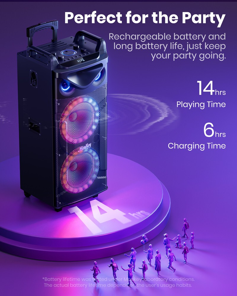 Moukey 280W Portable Speaker Bluetooth Sing Machine Double 10" Woofer PA System