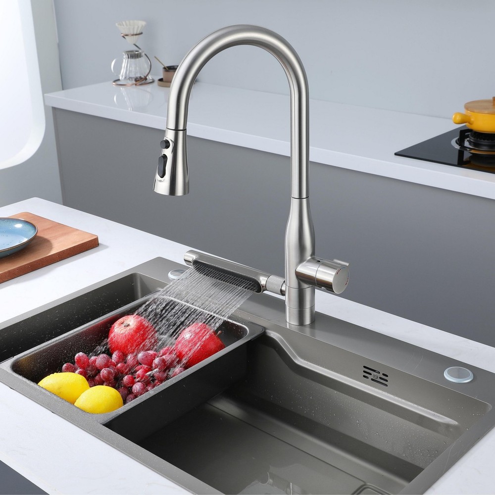 Stainless Steel Waterfall Kitchen Faucet with Pull Down Sprayer, 3 Spray Modes