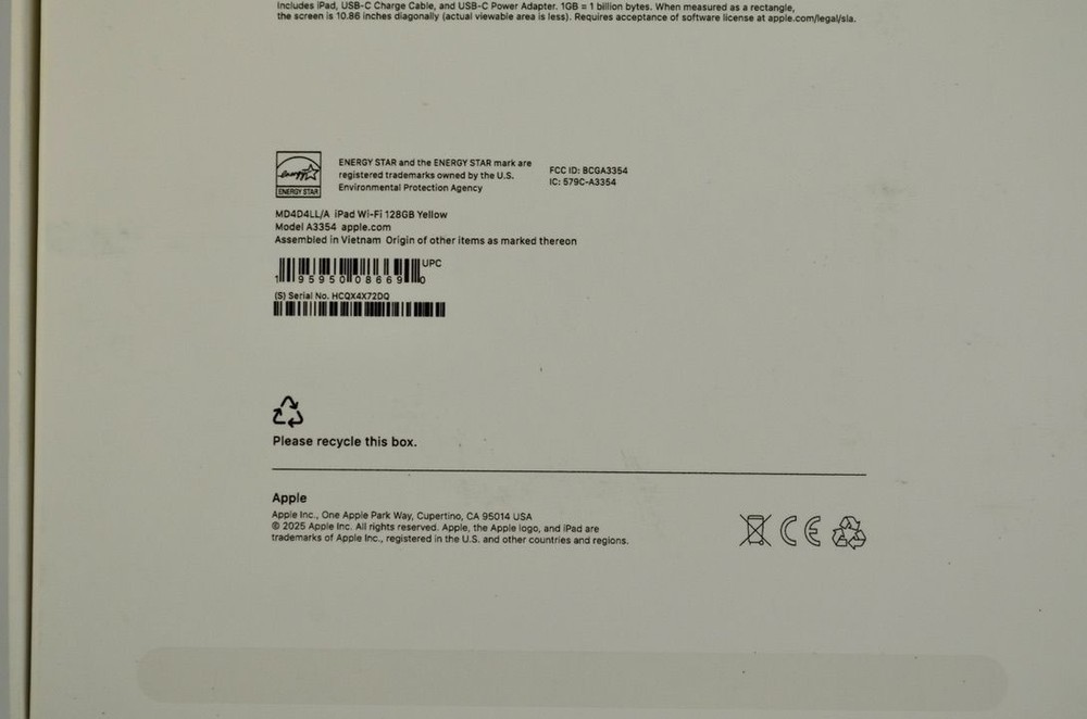 EMPTY BOX Apple Ipad 128 GB A16 Wifi YELLOW