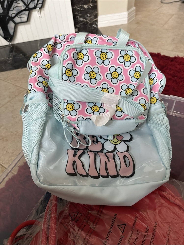 Be Kind 2 Piece Set Smiling Daisies Turquoise Backpack w/ Lunchpack NWT