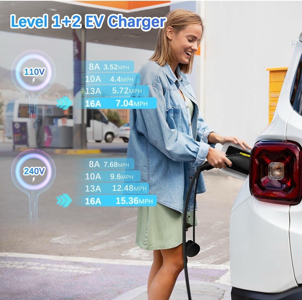 Portable Level 1&2 EV Charger, 16Amp Adjustable Current NEW