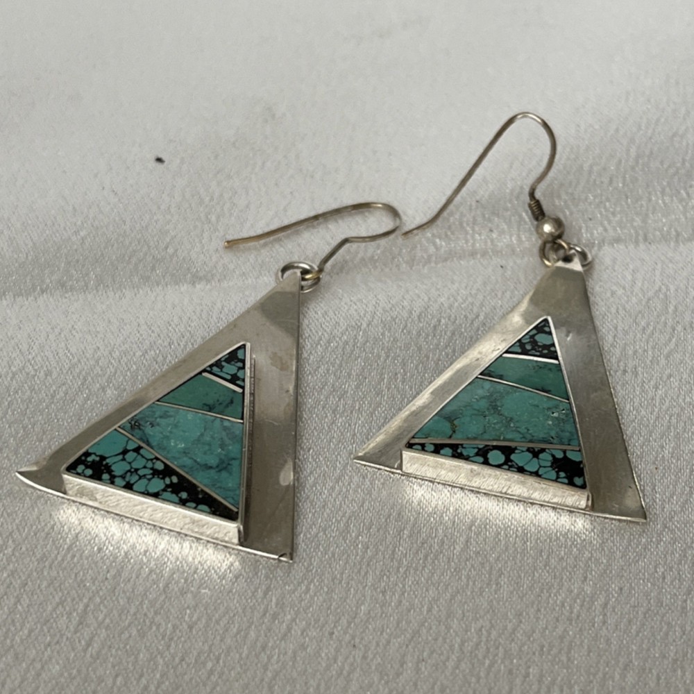 L Jackson Triangle Turquoise Inlay Dangle Silver Earrings