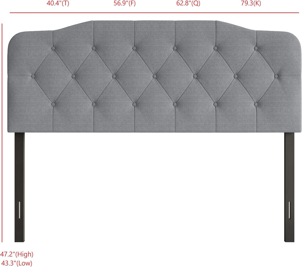 Angela Full Size Button-Tufted Upholstered Headboard with Adjustable Height, Gra