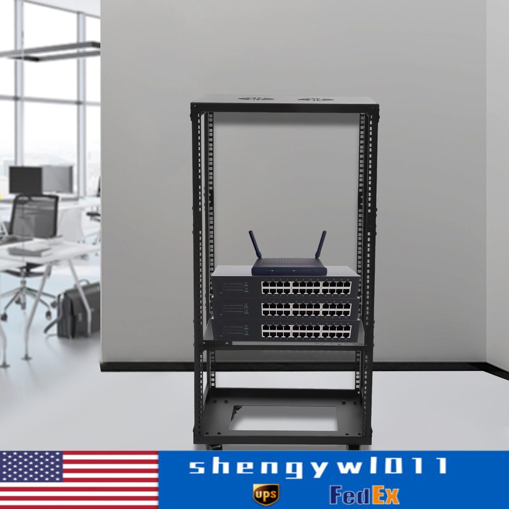 18U 4 Post Open Frame Network Server Rack Holder on Caters Adjustable 0-31.5"