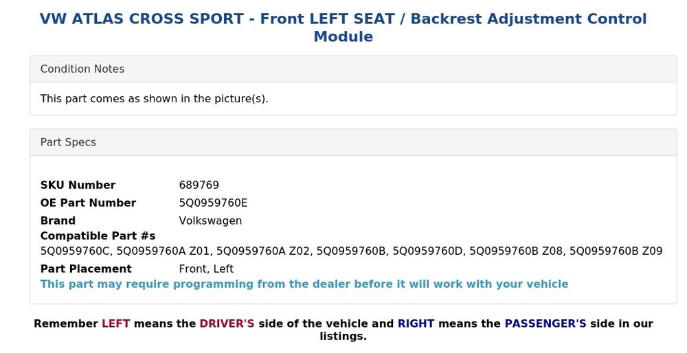 VW ATLAS CROSS SPORT - Front LEFT SEAT / Backrest Adjustment Control Module